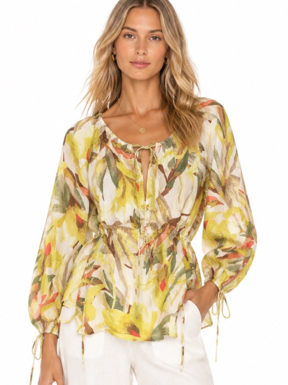 H&M Floral Botanical Drawstring Tunic Blouse Small